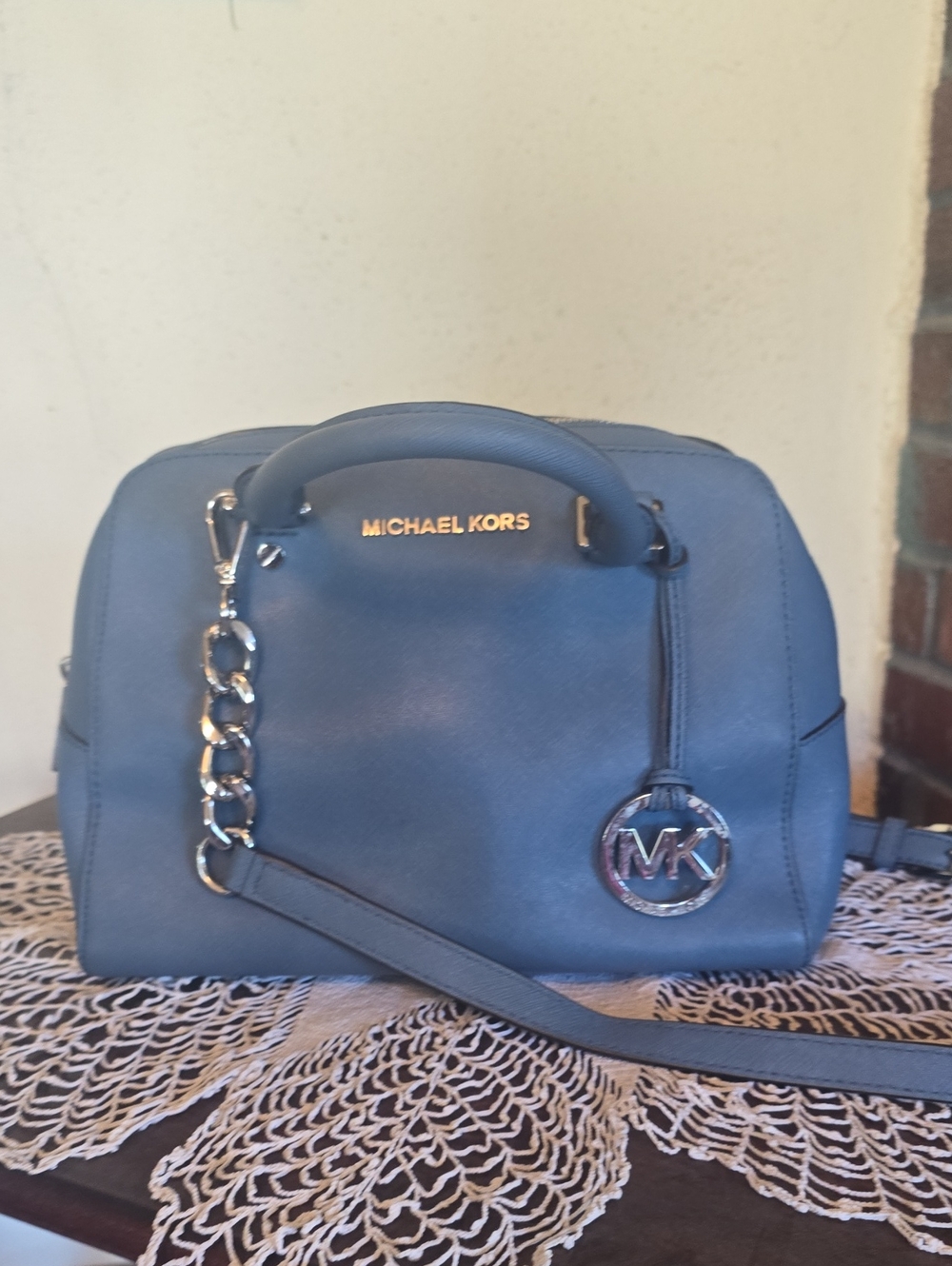 Michael Kors Blue Dome Satchel with Silver Accents